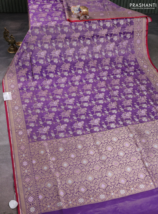 Banarasi tissue uppada silk saree violet and pink with allover thread & zari floral weaves and zari woven border