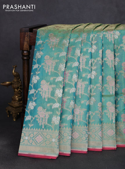 Banarasi tissue uppada silk saree teal green and pink with allover thread & zari floral weaves and zari woven border