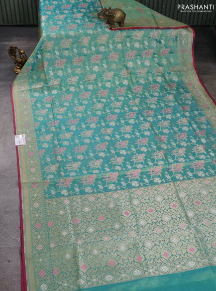 Banarasi tissue uppada silk saree teal green and pink with allover thread & zari floral weaves and zari woven border
