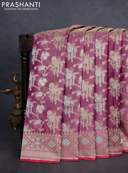 Banarasi tissue uppada silk saree purple and red with allover thread & zari floral weaves and zari woven border