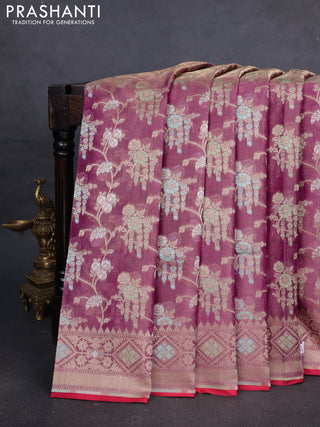 Banarasi tissue uppada silk saree purple and red with allover thread & zari floral weaves and zari woven border