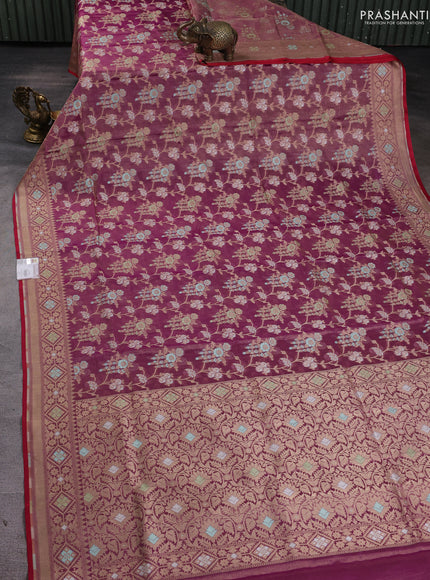 Banarasi tissue uppada silk saree purple and red with allover thread & zari floral weaves and zari woven border