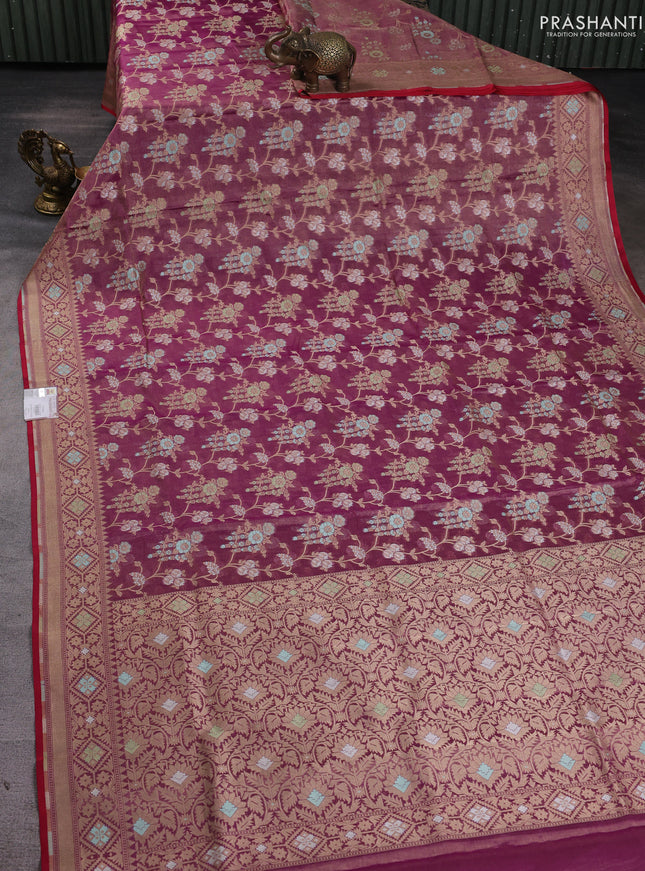Banarasi tissue uppada silk saree purple and red with allover thread & zari floral weaves and zari woven border