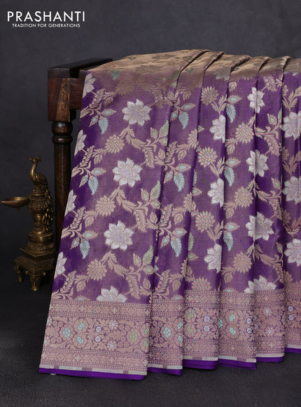 Banarasi tissue uppada silk saree violet with allover thread & zari floral weaves and zari woven border