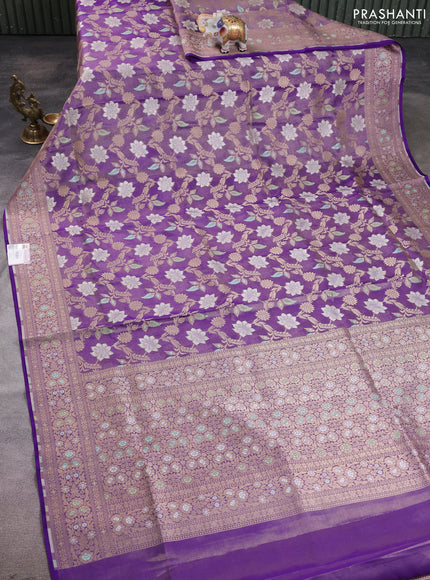 Banarasi tissue uppada silk saree violet with allover thread & zari floral weaves and zari woven border