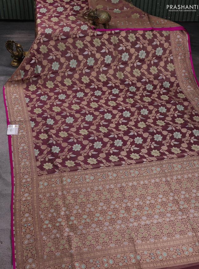 Banarasi tissue uppada silk saree wine and pink with allover thread & zari floral weaves and zari woven border