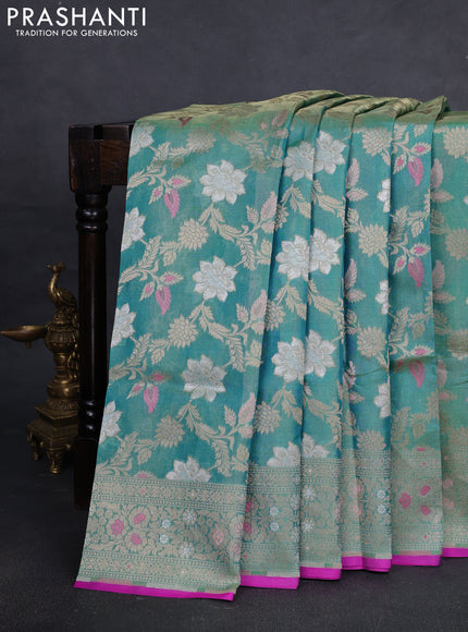 Banarasi tissue uppada silk saree teal green and pink with allover thread & zari floral weaves and zari woven border