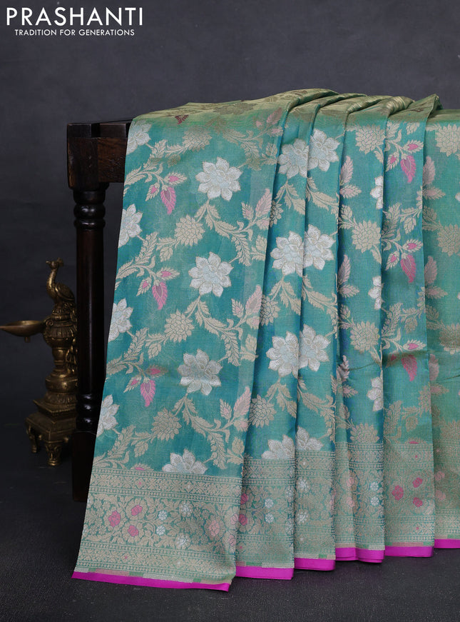 Banarasi tissue uppada silk saree teal green and pink with allover thread & zari floral weaves and zari woven border