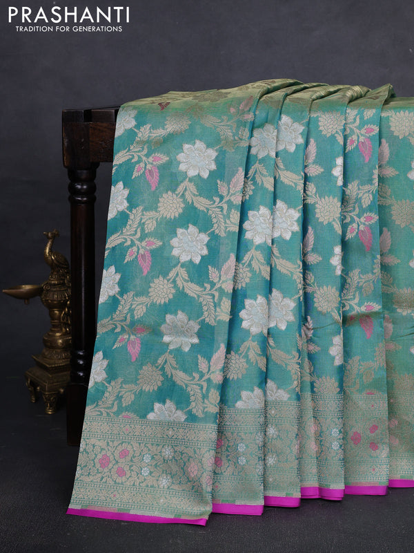 Banarasi tissue uppada silk saree teal green and pink with allover thread & zari floral weaves and zari woven border