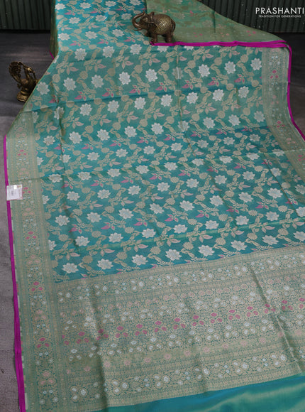 Banarasi tissue uppada silk saree teal green and pink with allover thread & zari floral weaves and zari woven border