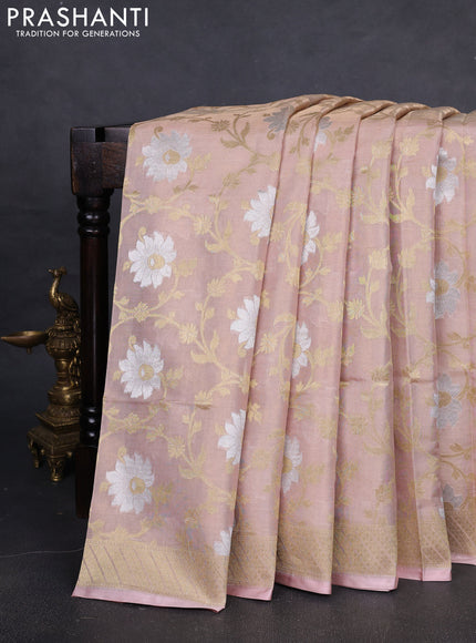 Banarasi tissue uppada silk saree mild peach with allover thread & zari floral weaves and zari woven border
