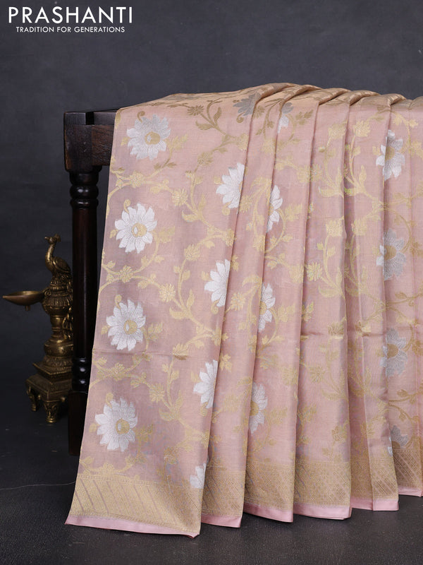 Banarasi tissue uppada silk saree mild peach with allover thread & zari floral weaves and zari woven border