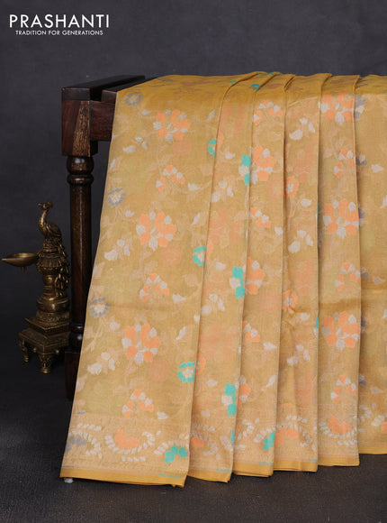Banarasi tissue uppada silk saree mustard shade with allover thread & zari jamdhani weaves and zari woven border