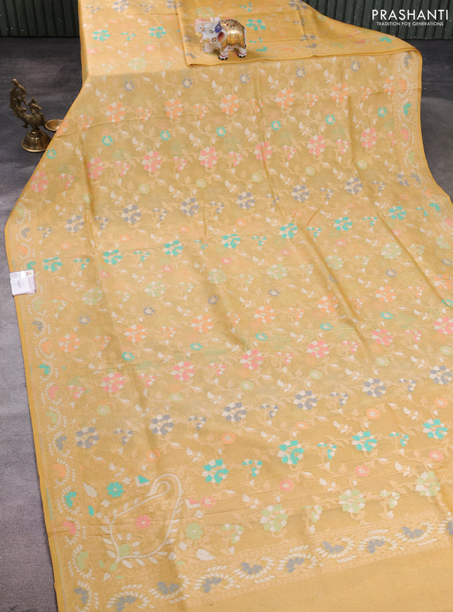 Banarasi tissue uppada silk saree mustard shade with allover thread & zari jamdhani weaves and zari woven border