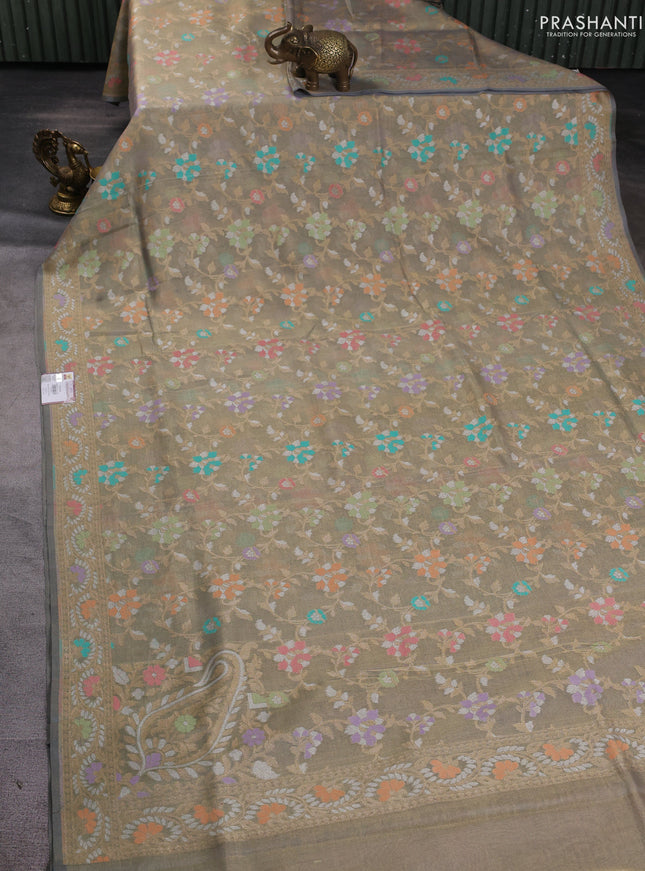 Banarasi tissue uppada silk saree grey with allover thread & zari jamdhani weaves and zari woven border