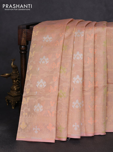 Banarasi tissue uppada silk saree peach orange with allover thread & zari jamdhani weaves and zari woven border