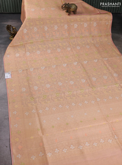 Banarasi tissue uppada silk saree peach orange with allover thread & zari jamdhani weaves and zari woven border