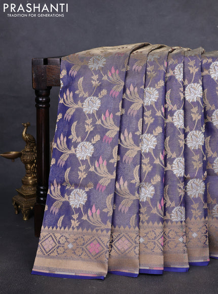 Banarasi tissue uppada silk saree blue with allover thread & zari floral weaves and zari woven border