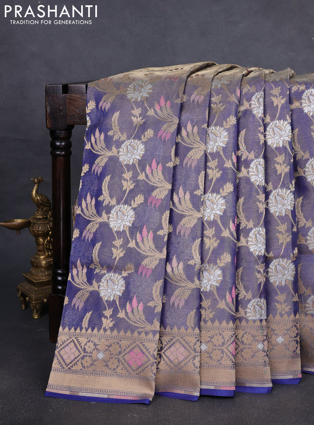 Banarasi tissue uppada silk saree blue with allover thread & zari floral weaves and zari woven border
