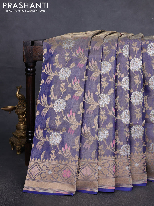 Banarasi tissue uppada silk saree blue with allover thread & zari floral weaves and zari woven border