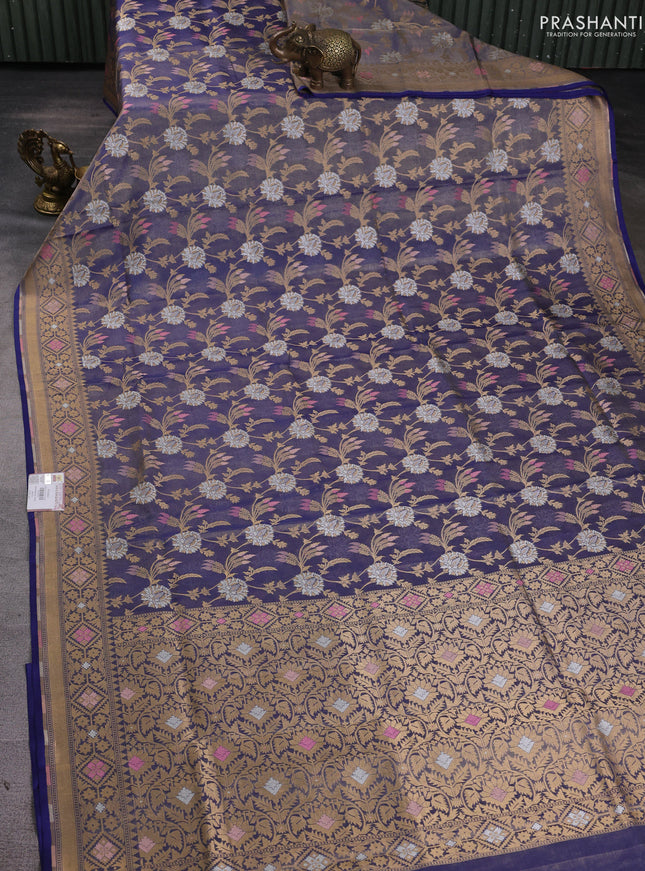 Banarasi tissue uppada silk saree blue with allover thread & zari floral weaves and zari woven border