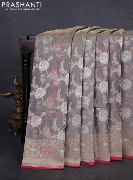 Banarasi tissue uppada silk saree grey and red with allover thread & zari floral weaves and zari woven border