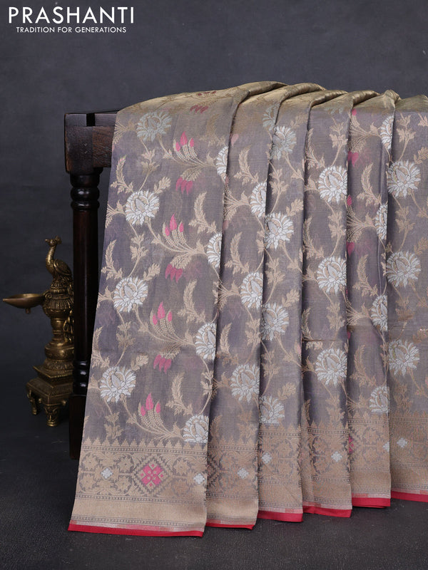 Banarasi tissue uppada silk saree grey and red with allover thread & zari floral weaves and zari woven border