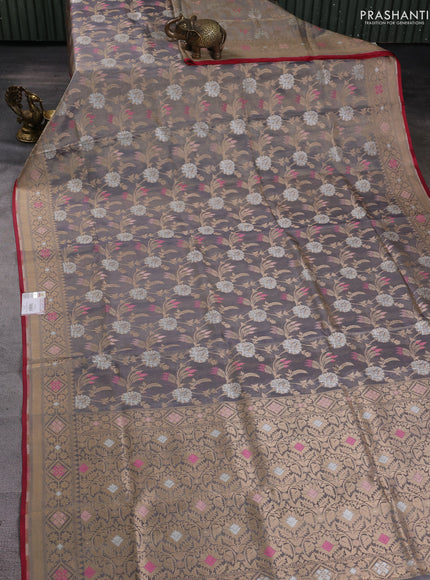 Banarasi tissue uppada silk saree grey and red with allover thread & zari floral weaves and zari woven border