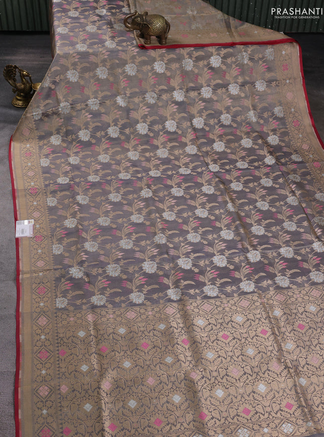 Banarasi tissue uppada silk saree grey and red with allover thread & zari floral weaves and zari woven border