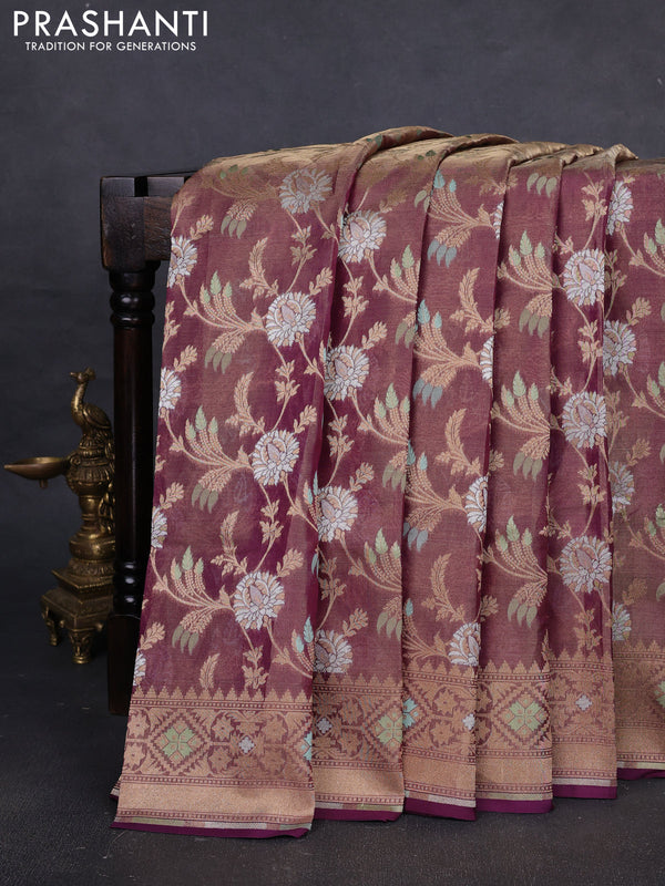 Banarasi tissue uppada silk saree purple with allover thread & zari floral weaves and zari woven border