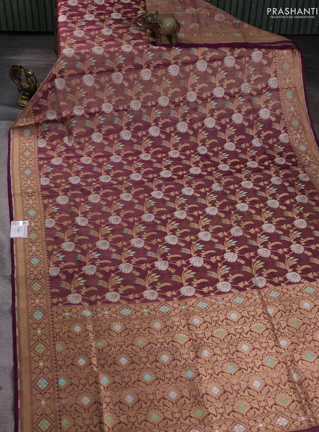 Banarasi tissue uppada silk saree purple with allover thread & zari floral weaves and zari woven border