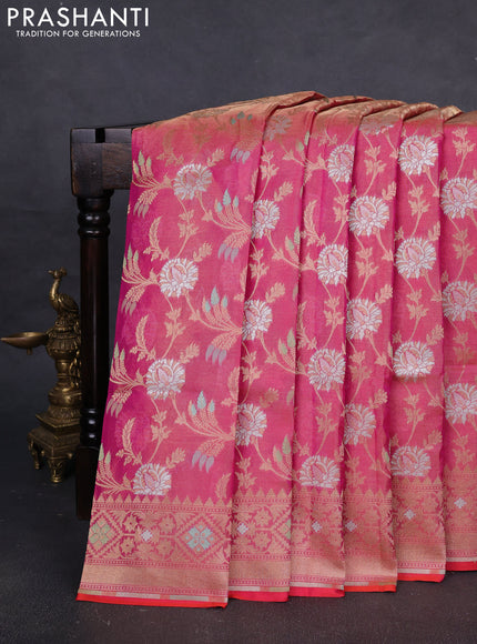 Banarasi tissue uppada silk saree pink with allover thread & zari floral weaves and zari woven border
