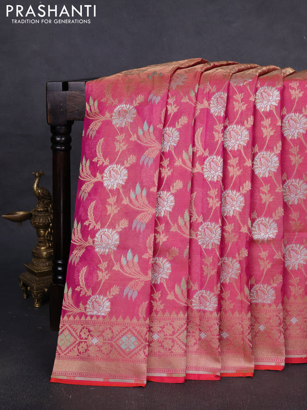 Banarasi tissue uppada silk saree pink with allover thread & zari floral weaves and zari woven border