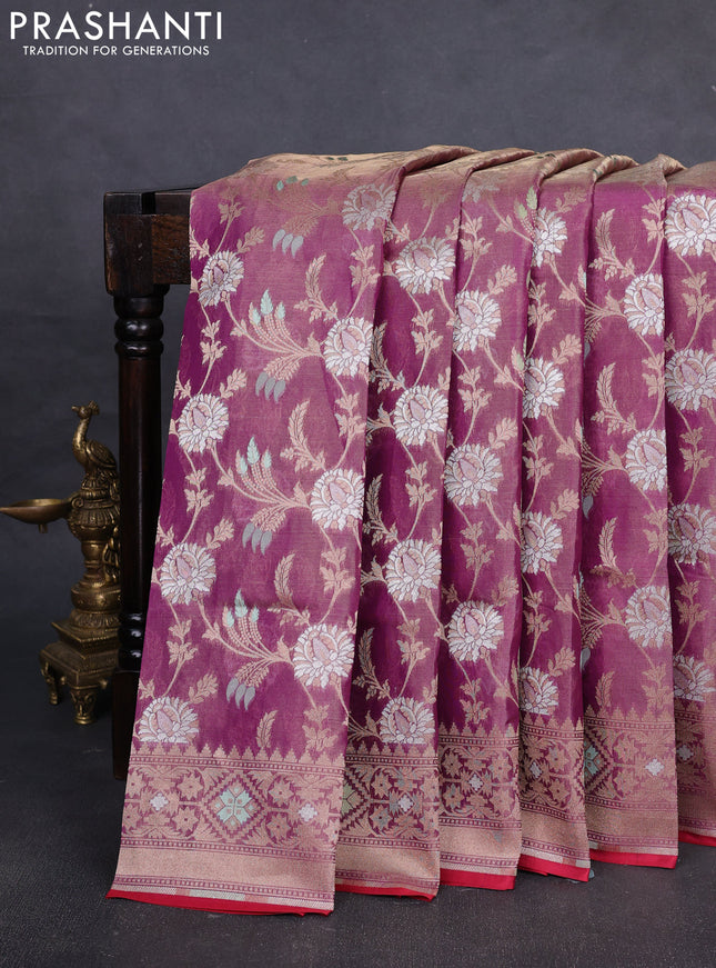 Banarasi tissue uppada silk saree purple and red with allover thread & zari floral weaves and zari woven border