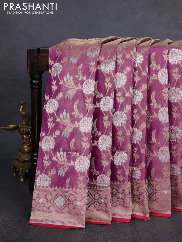 Banarasi tissue uppada silk saree purple and red with allover thread & zari floral weaves and zari woven border