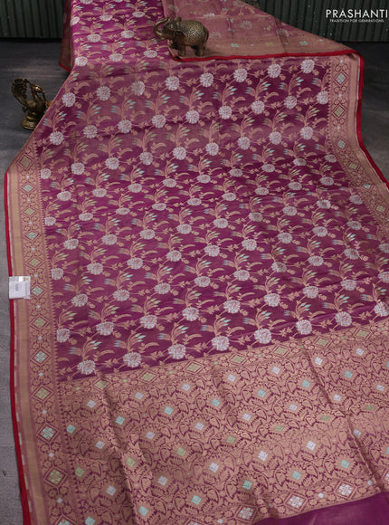 Banarasi tissue uppada silk saree purple and red with allover thread & zari floral weaves and zari woven border