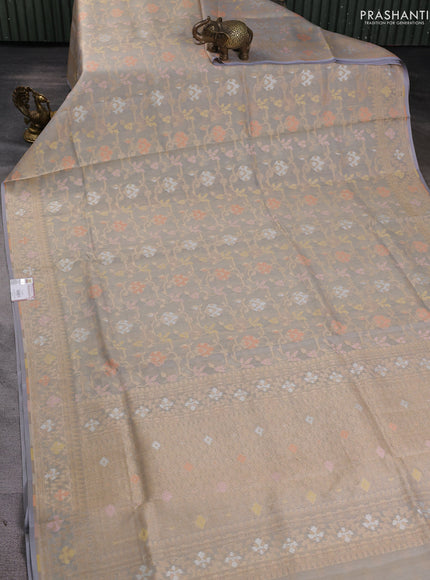 Banarasi tissue uppada silk saree pastel grey with allover thread & zari jamdhani weaves and zari woven border