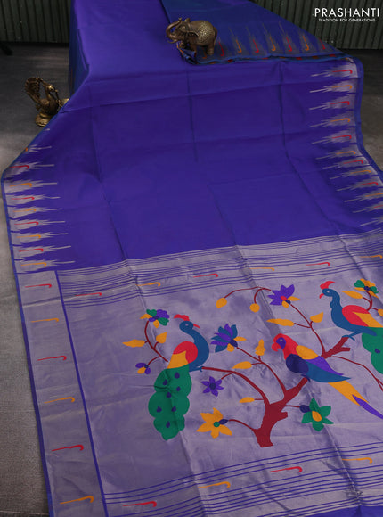 Semi paithani saree blue shade with plain body and paithani pallu