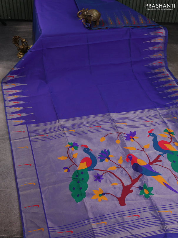 Semi paithani saree blue shade with plain body and paithani pallu