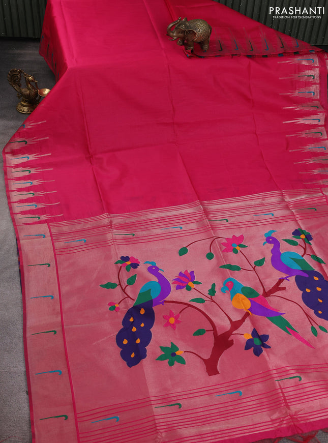 Semi paithani saree pink with plain body and paithani pallu