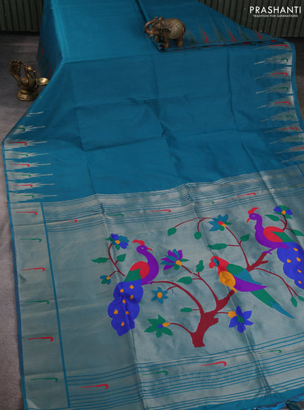 Semi paithani saree teal green with plain body and paithani pallu