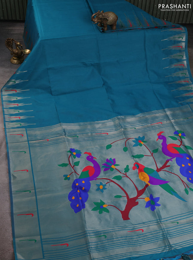 Semi paithani saree teal green with plain body and paithani pallu