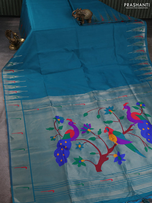 Semi paithani saree teal green with plain body and paithani pallu