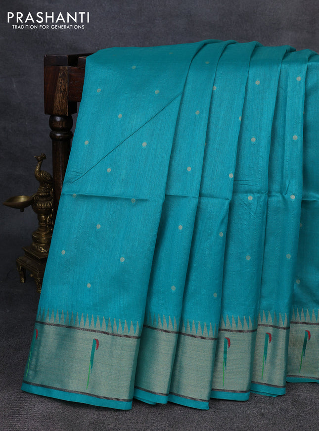 Semi paithani saree teal green with allover zari woven buttas and paithani pallu