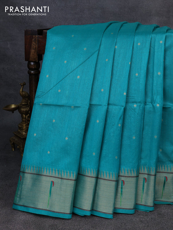Semi paithani saree teal green with allover zari woven buttas and paithani pallu