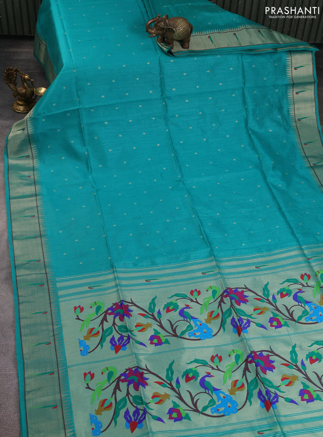 Semi paithani saree teal green with allover zari woven buttas and paithani pallu