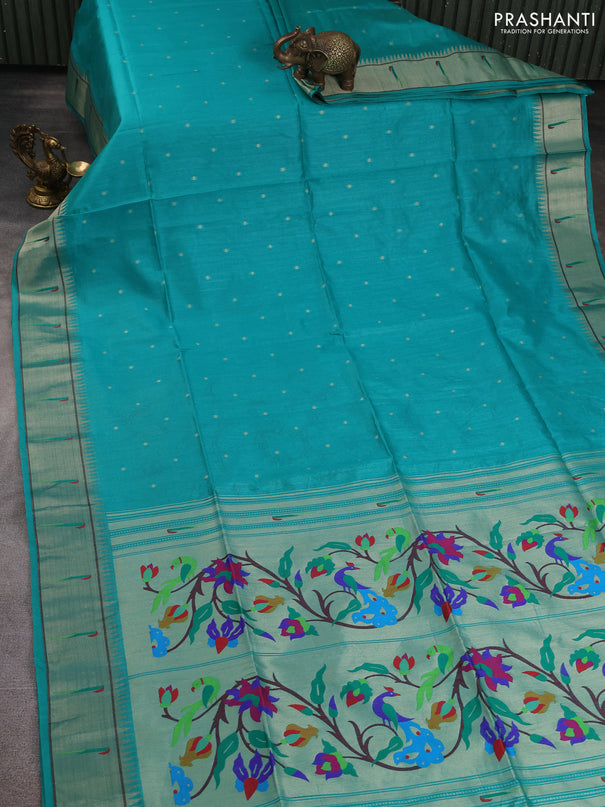 Semi paithani saree teal green with allover zari woven buttas and paithani pallu