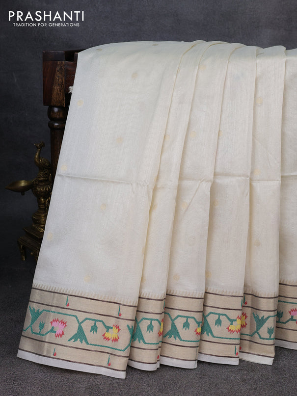 Semi paithani saree off white with allover zari woven buttas and paithani pallu