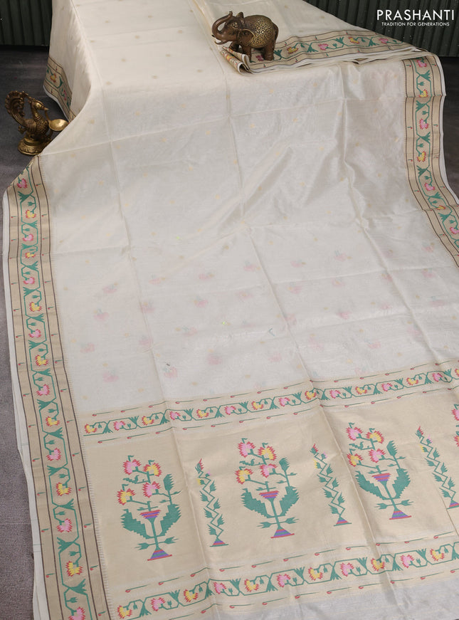 Semi paithani saree off white with allover zari woven buttas and paithani pallu