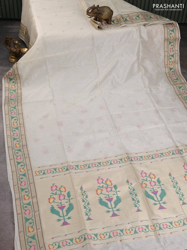 Semi paithani saree off white with allover zari woven buttas and paithani pallu